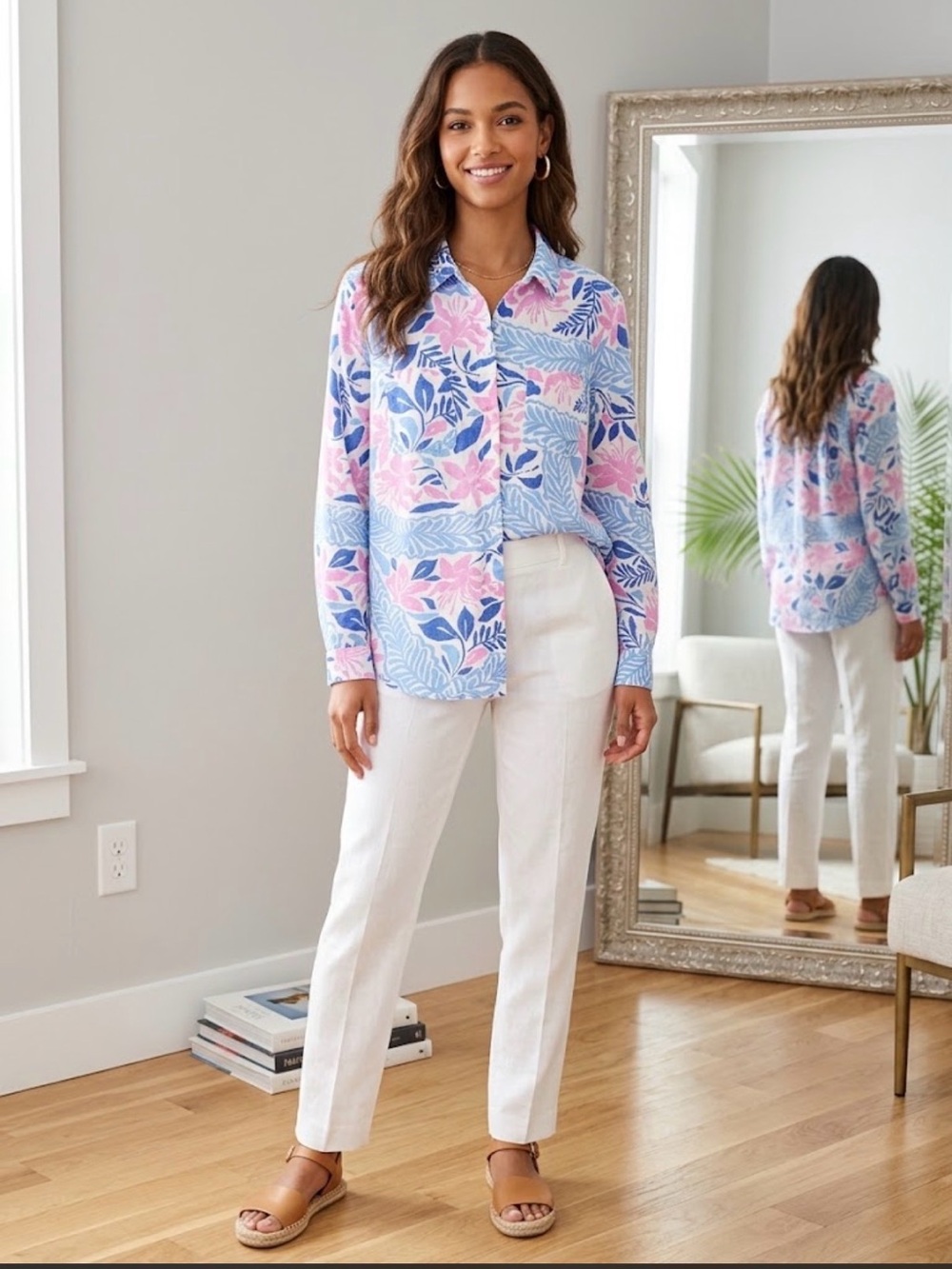 Charter Club Luxury Linen Floral Costal Preppy Button Down PL.